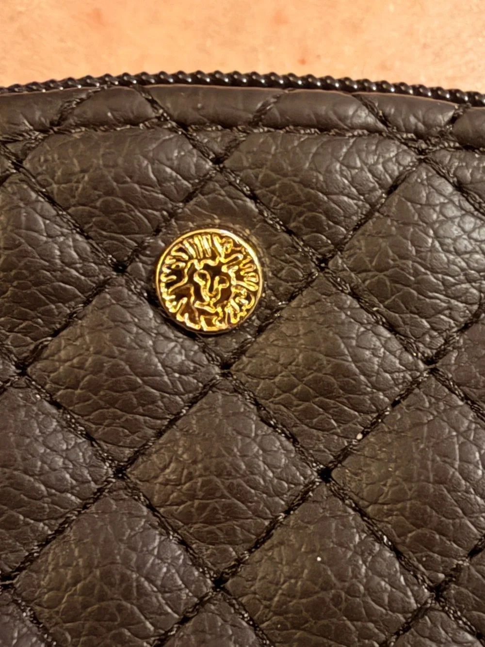 Anne Klein Quilted Chocolate Brown Leather Mini Pouch with Gold Hardware 8.27B